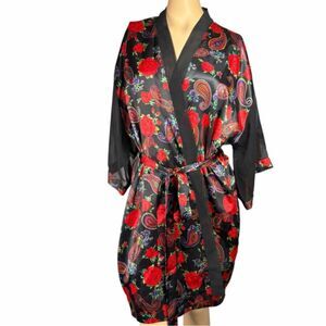 Delicates Floral Paisley Satin Kimono Robe Size S
